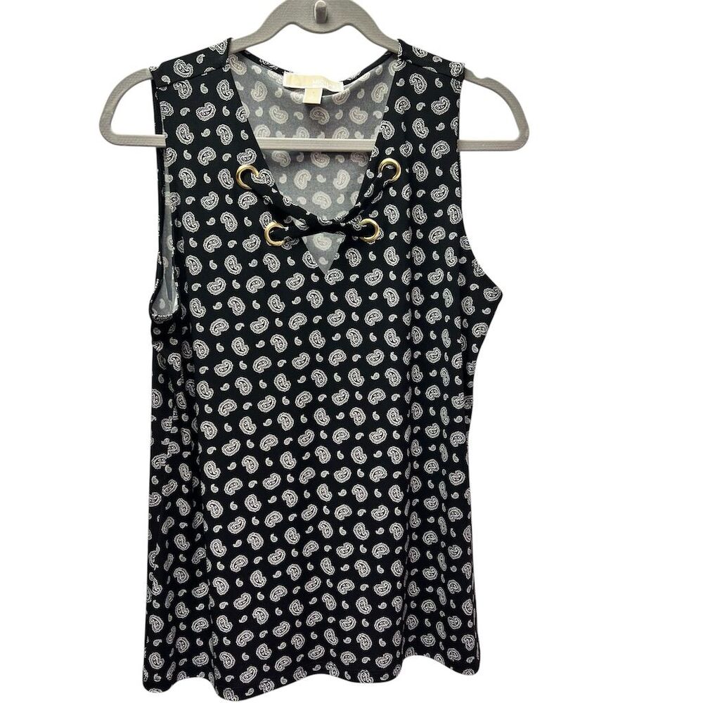 Michael Kors Women's Paisley Sleeveless Lace-Up Tank Top Black and White Size L